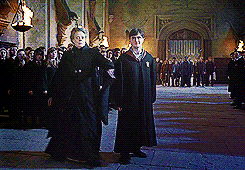 harrypotter-reread: theacenightwatch:  theactorsmind:  raeloganthemephilesfangirl:  charlottec21:  I love it how when Snape draws out his wand there are audible gasps but when Mcgonagall draws her wand there people are screaming out of the way.  They