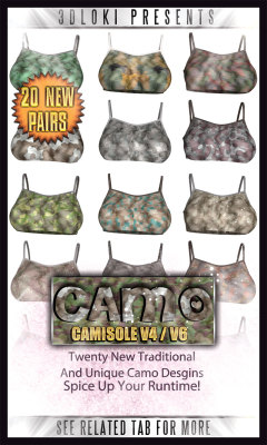 Another  material pack from Loki for Disordercode&rsquo;s &ldquo;Camisole&rdquo; aka Strip Show II  for V4 and V6! This addition has fashionable Camo designs to chose  from. Each of the 20 files has traditional and unique designs and colors  to help add