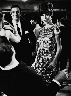 Audrey Hepburn, looking so space age in a dress by Paco Rabanne.  Two for the Road, 1967.