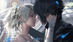 wlopwangling: Moon and Night by wlop  Dearest LunaFreya and Noctis, may you two know happiness!  TT.TTWill provide 4K wallpaper, PSD file and painting process video on my Patreon:www.patreon.com/wlop 