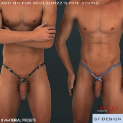 Looking for some new textures for RedLightZZ Mini String? Well SFD has done just that!  This product contains 8 new material presets (3Delight) for 	RedlightZZ&rsquo;s Mini String for Genesis 2 Male. Make sure you get the Mini String product before purcha