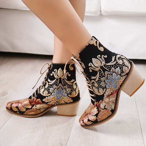 darkdreamerdreamland:  Women Pointed Toe Embroidered Lace Up Block Heel Short Boots Check out HERE 20% OFF coupon code: tumblr-0708 
