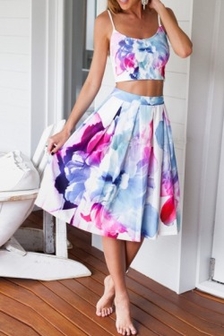 purplesuitballoon:   Floral Print Crop Camis with Midi Skirt   White Sleeveless Floral Print Top with Pleated Skirt   Colorful Print Halter Backless Top with Shorts   Red Flora Print Crop Top with Loose Shorts Co-ords   Colorful Floral Print Spaghetti