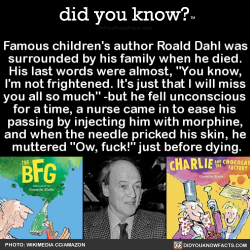did-you-kno:  Famous children’s author Roald Dahl was  surrounded by his family when he died.  His last words were almost, “You know,  I’m not frightened. It’s just that I will miss  you all so much” -but he fell unconscious  for a time, a nurse