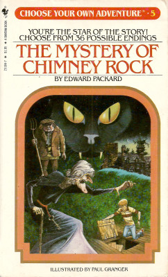 Choose Your Own Adventure No. 5: The Mystery of Chimney Rock, by Edward Packard. Illustrated by Paul Granger (Bantam, 1982).From a charity shop in Hounslow, London.“You step into the cedar closet and swing the door half-shut so that you can watch through