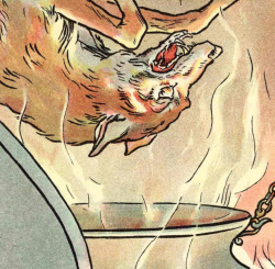 nemfrog:The Big Bad Wolf falls into a boiling cauldron, as the story of The Three Little Pigs reaches a violent end. The story of the three little pigs. 1904. L. Leslie Brooke, illustrator. Illustration detail. 