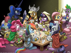 Dungeons and Ponies Plus One DragonA while back there was a charity and the person who donated the most got a free drawing from it. Stria was the one and he donated to Cancer Research. He requested the ponies playing Dungeons and Dragons!!!!! Princess