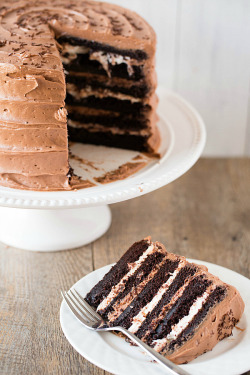 sweetoothgirl:  Six-Layer Chocolate Cake with Toasted Marshmallow Filling &amp; Malted Chocolate Frosting  