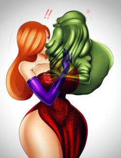 jassycoco:  So this happened… lol Commission of Jessica Rabbit being surprise-kissed by Slimer. 