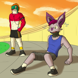 Noibat dude is too tired from training, Hawlucha dude is slightly concerned.