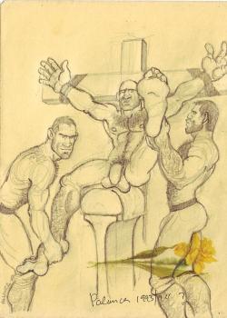 retro-gay-illustration:  Crucifixion 1Â  by Palanca (Pedro Santillana d. 2014). 