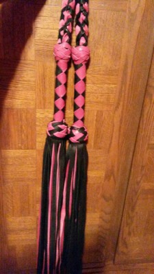 These are my floggers given to me by a friend. They were made to match our colors :-) I&rsquo;ll post more of them tomorrow with my other tools.