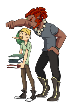 mitaarts:  Modern Link and Ganon where Link is a mute bookstore employee that can play just about any instrument and  can uses music to convey emotions. Ganon’s just some tall brooding dude that maybe works in a rival bookstore or the head of a biker