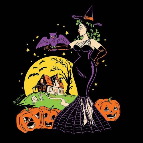scurybooween:Witchy Halloween Pin Up  🔮   🦇🎃💀  Art by 50s Vintage Dame  
