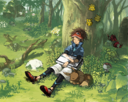 alternative-pokemon-art:  A trainer taking a nap with his Pokemon by request. 