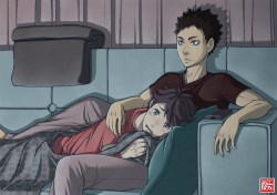 zero0810:  IwaOi (or OiIwa?) for @doggirl365 [+ random .gif version because yes] They’re probably watching E.T.. Or maybe The War of the Worlds, and Oikawa is crying because all the aliens die at the end.  Oi: Iwa-chan, it’s so hard ç_çIwa: Well,