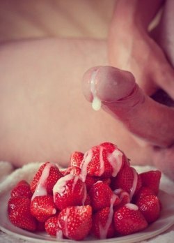pleasecuckmehoney:  So, a LOT of people have reblogged or liked this pic.  What is it that you are imagining, you perverts, cumming on strawberries that someone else is going to eat, or cumming on your own strawberries.  For me, it cumming on my own,