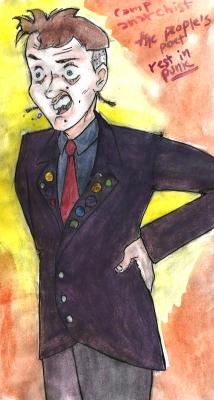 I’ve made a drawing (pencil, watercolor and ink) of Rick (Rik Mayall) from The Young Ones trying to capture his persona at his best, which is to say, in the middle of his loudly-histrionic, narcissistic rapture, with all his overwhelming, convulse