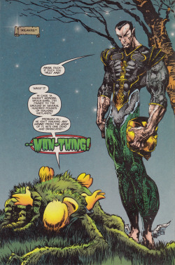 Splash page from Man-Thing Vol.3 No.7 (Marvel Comics, 1998). Written by J.M. DeMatteis, art by Liam Sharp.From Oxfam in Nottingham.