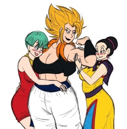 xdreamer45x: art trade with the fabulous   @funsexydragonball! :D She asked me if I could draw something with Gogeta, with the option of pairing him up with either Bulma or Chi-Chi (or both X3). I got the go-ahead to do a lady Gogeta, so I decided to