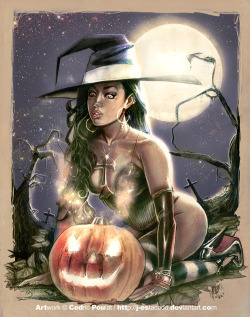 Happy Halloween my naughty ghoulies! superheropornpics:  Halloween pinup art, courtesy of the always awesome Cedric Poulat.  
