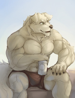 ralphthefeline:  Beach dog with a can of beer. 