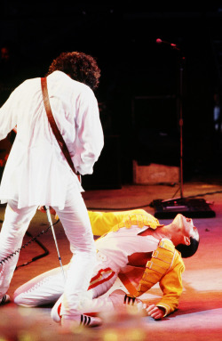 fuckyeahmercury:  Freddie Mercury and Brian May live on stage at Wembley, 1986. 