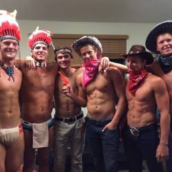 properfaggot:  After a few drinks these studs got to playing cowboys and Indians. Although they didn’t remain in their costumes for very long, but the game definitely involved riding cowboys and tying up the captives.