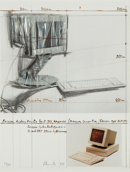 ortut:Christo - Ericsson Display Monitor Unit 3111, Wrapped Project for Personal Computer, 1985(Lithograph with photograph, twine and plastic collage, on Arches Cover paper mounted to Museum board (as issued), the full sheet)