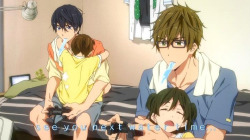 8oo:  dude everyone is talking about how cute makoto is in those glasses (tru) but what about the fact that haru is so close to makoto and his family that makoto’s little brother feels comfortable enough to cling and sleep on him and haru doesnt mind