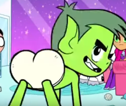 From the Teen Titans Go episode The Fourth Wall. After they discover  they’re on a show and being watched, Beast Boy strips down to his  underwear and shakes his butt in the camera as protest.