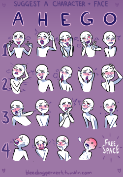 javidirtluffy: javidluffy:   bleedingpervert:  I wanted to make a lewd expression ask thingy.  Suggest a character and face.  Feel free to reblog and tag your answers as #ahegofacememe   I shouldn’t… But this seems interesting, lol. Send asks and