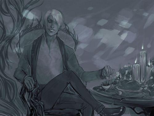   🎃 #Drawtober2020 Prompt III: Midnight Feast 🎃And this is the prompt I made my new fae OC for. I was struck with such inspiration to create this half-dark academic/half-fairy man for this challenge because I thought he was perfect for &ldquo;Midnight