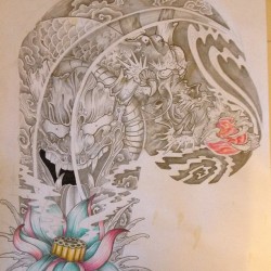 jesterartwork:  Quarter sleeve and chest design! #dragon #hannya #oni #demon #mask #noh #water #waves #art #artwork #drawing #dragon #japan #japanese #irezumi #tattoo #lotus #tattoo #sleeve #half sleeve #chest #tattooflash