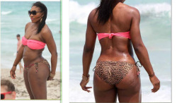 In honor of her wedding crash, here&rsquo;s some more delicious Serena beach ass.  Leopard print pretty much always gives me a tent, and I love it when a hot chick has to adjust the back of her swimsuit because it&rsquo;s riding up the crack.  It&rsquo;s