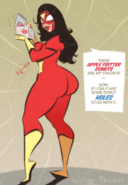 hugotendaz: Spider-Woman - Donuts - Cartoon PinUp Sketch Commission   If there is a dream job, it has to be an apple fritter donut filler :D It’s a commission for The Undeliverables   who asked for Spider-Woman.  I might try to do an homage to Milo