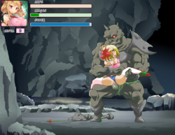 Busty little blonde adventurer getting raped by a horny troll orc’s monster cock in a screen shot from the animated hentai game  Emulis of the Valley of Magic.