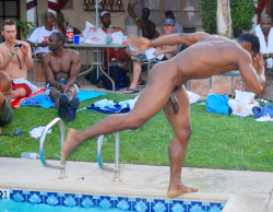 menandsports:  naked black guy on the poolside
