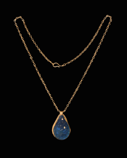gemma-antiqua:Byzantine teardrop pendant of blue glass in a gold bezel, dated to the 5th to 8th centuries CE. The gold chain is likely modern. Source: Timeline Auctions.