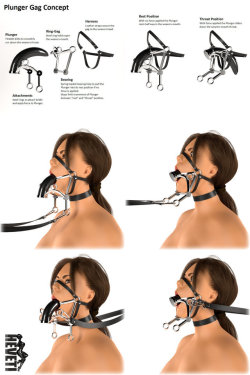 farmd0gsrevenge:Ingenious.  When the reins are pulled, the plunger slides down the throat.   When the reins are loose, a spring mechanism, allows the plunger gag to return to a less stressful position, just filling the mouth.  