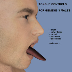 SFD has done it again! This time with new tongue control for Genesis 3 Males! It works with the Genesis 3 Male base character and all other Genesis 3 Male based characters, like Michael 7 etc. This product adds 14 custom dials to the character&rsquo;s