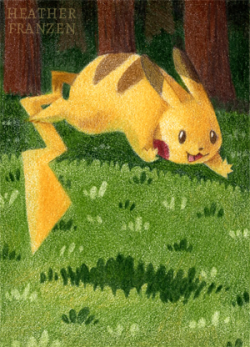 theintertwiningpkmn:  heatherfranzen:  Pikachu and Raichu playing in Viridian Forest &lt;3I made a diptych for these two! Each are on their own ACEO card.  liberatemyrage 