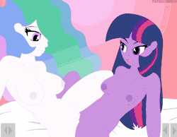 tentacle-muffins:  Celestia and Luna giving their subjects (and past rivals) a lesson in the art of tribbing~ &gt;FULL FLASH HERE&lt; The flash contains 12 Characters Luna and Celestia on the left, and on the right Twilight, Rarity, Pinkie Pie, Applejack,