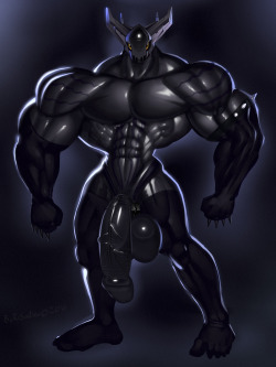 borisalien:  EDGEMON Silly concept of a knock-off Digiman from the last stream. Heâ€™s dark, edgy, his junk is encased in transparent plastic. If I bothered adding a bunch of belts it may have passed for an official design.   You can support my work on