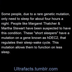 ultrafacts:  These “short sleepers” have a mutation on a gene known as hDEC2, that regulates their sleep-wake cycle. This mutation allows them to function on less sleep ~4-6 hours only. (Sometimes less) They naturally feel refreshed afterwards and