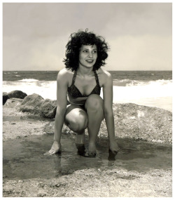 burleskateer:  Patti Waggin poses in a tidal pool..   Scanned (and cleaned) from a contact print in my personal collection..   