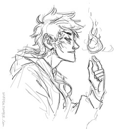 5 AM quality sketch of Edan, a fire-elemental Anti-Guardian from sir-crawly&rsquo;s fic No Hope Here (which you should read, although it will rip your heart out of your chest and drive a pickup truck over it three times before feeding it to a pride of