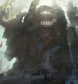 fantasy-art-engine:  Temple, Waterfalls and Mist by Feng Studio 