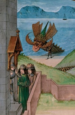 Jean de Wavrin ( app. 1398-1474)- Detail from Morbidus and the sea monster.&ldquo;Oh, fabulous guys yonder, I believe ye should be remembering something?&rdquo; &ldquo;Of course not. Shut thy mouth, fool.&rdquo; Medieval sea monsters were great.