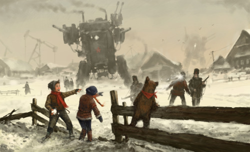 jakubrozalski:  “ 1920 - Polanian rebels  “Young Anna, her brother Janek, and bear Wojtek 🐻   fighting Rusviet invaders during the Great War. Anna and Wojtek, will be playable and one the most important character in the upcoming video game Iron